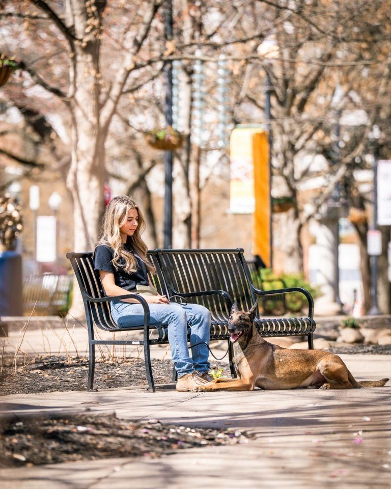 Woman sits on a park bench beside a dog in a leafy autumn park.