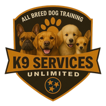 K9 Services Unlimited dog training logo with four dogs and a paw print on a black-and-gold shield