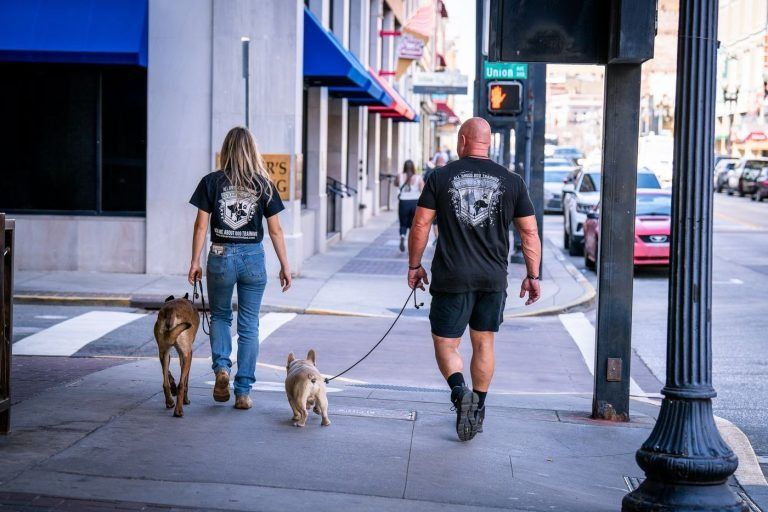 Two people walking dogs on a city sidewalk past storefronts and a lamppost