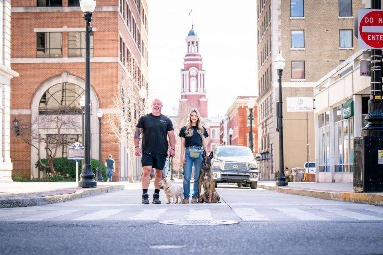 Trainers and a dog standing in the middle of a downtown Knoxville street with a tower in the background