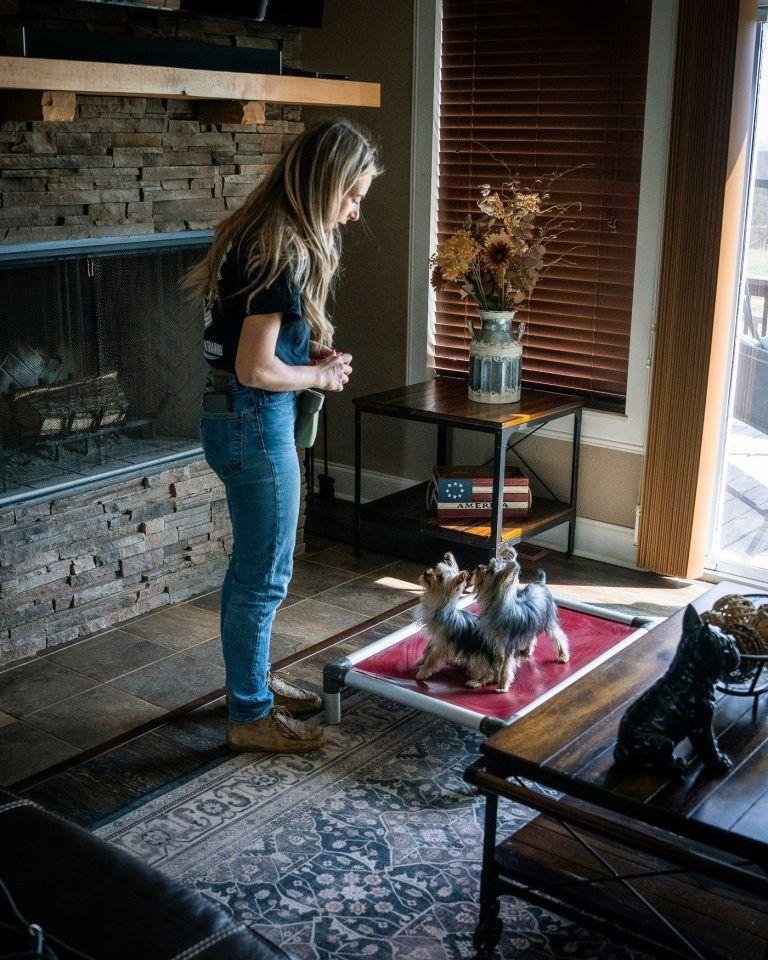 Woman standing by a fireplace watching a small dog on a pink bed
