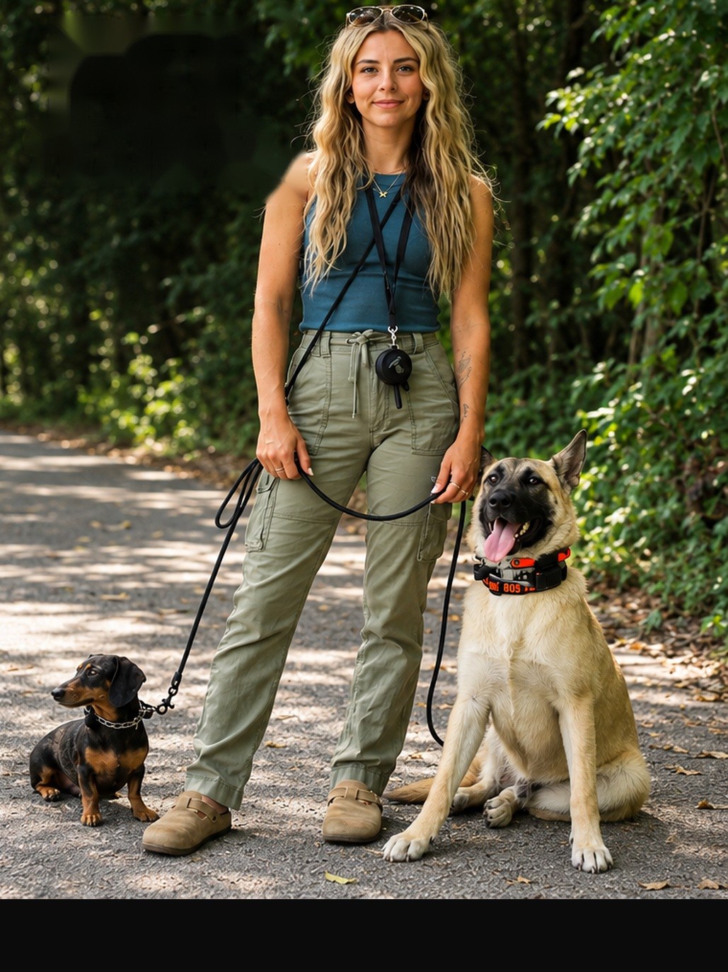 Rebeka, dog trainer at K9 Services Unlimited, standing on a shaded path with a dachshund and a large tan dog on leashes