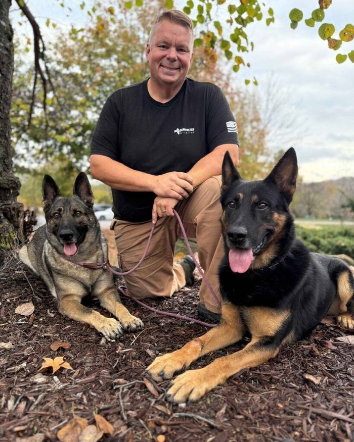 Man kneels outdoors beside two German shepherds, one tan and one dark