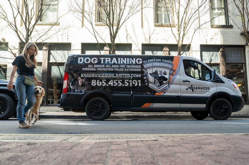 Dog training van parked on a city street with a woman walking a dog nearby