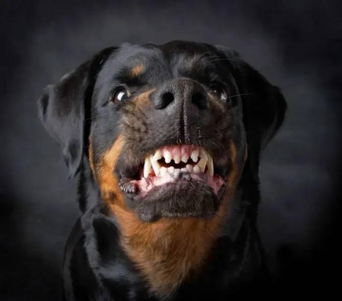 Black and tan dog baring teeth against a dark background